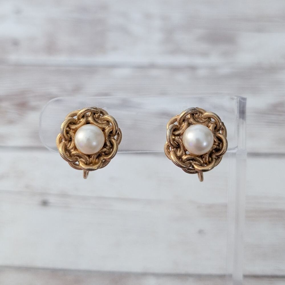 Vintage Marvella Clip On Earrings Gold Tone & Faux Pearl
